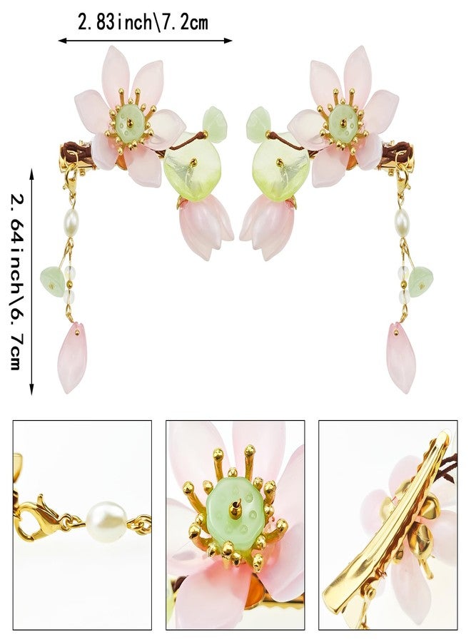 Capiant 1 Pair Pink Handmade Lotus Hair Clips, Vintage Flower Tassel Clip, Hanfu Decorative Chinese Hair Accessories for Women Bride Bridesmaids - Image 2